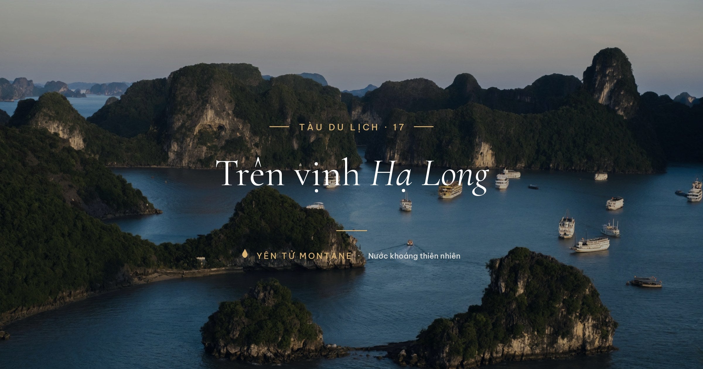 Đội tàu du lịch neo đậu trên vịnh Hạ Long lúc hoàng hôn