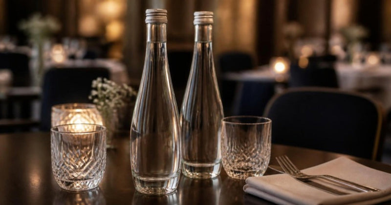 Chai nước thủy tinh Yên Tử Montane trên bàn nhà hàng fine dining