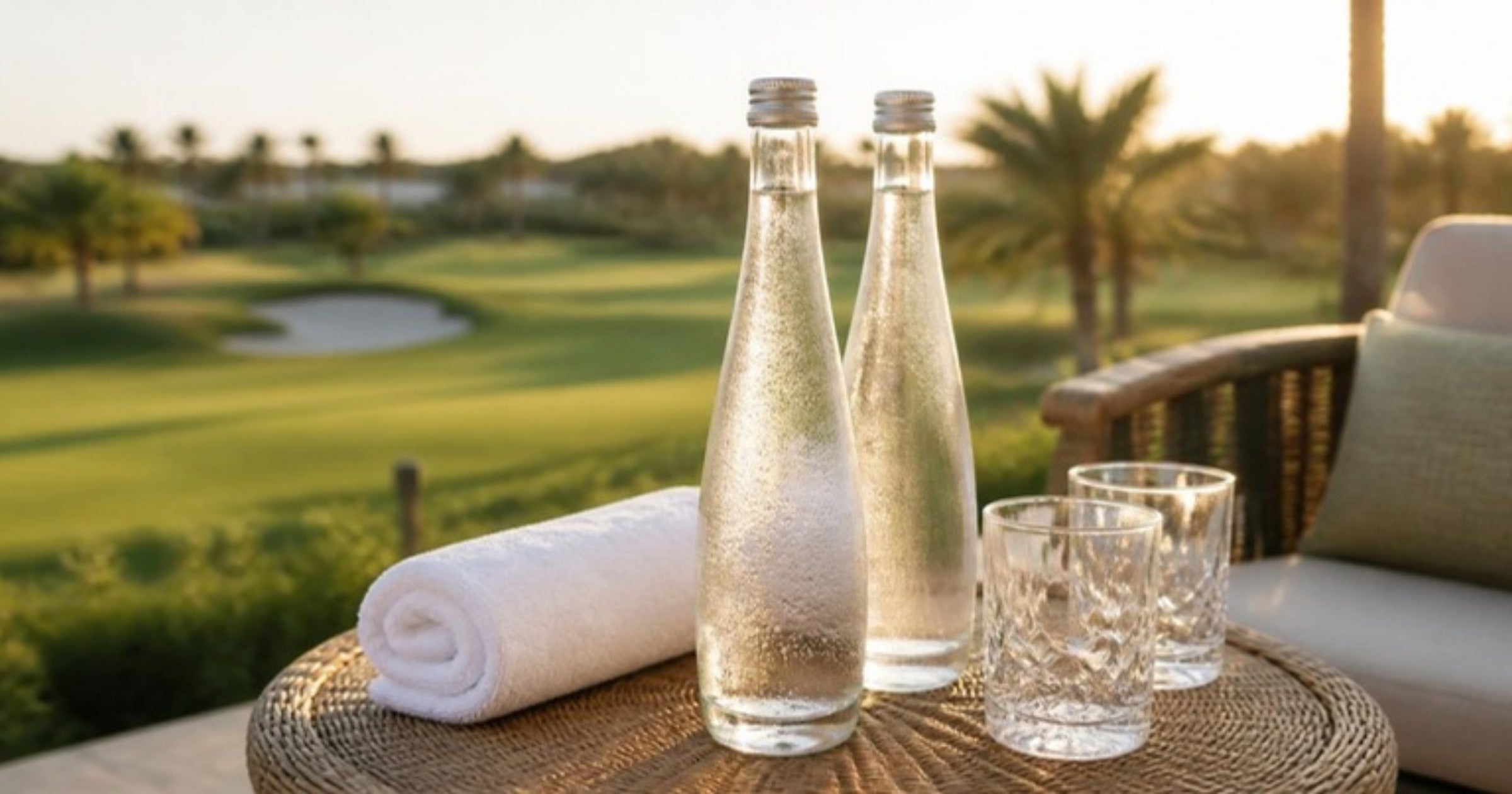 Chai nước thủy tinh Yên Tử Montane tại clubhouse sân golf