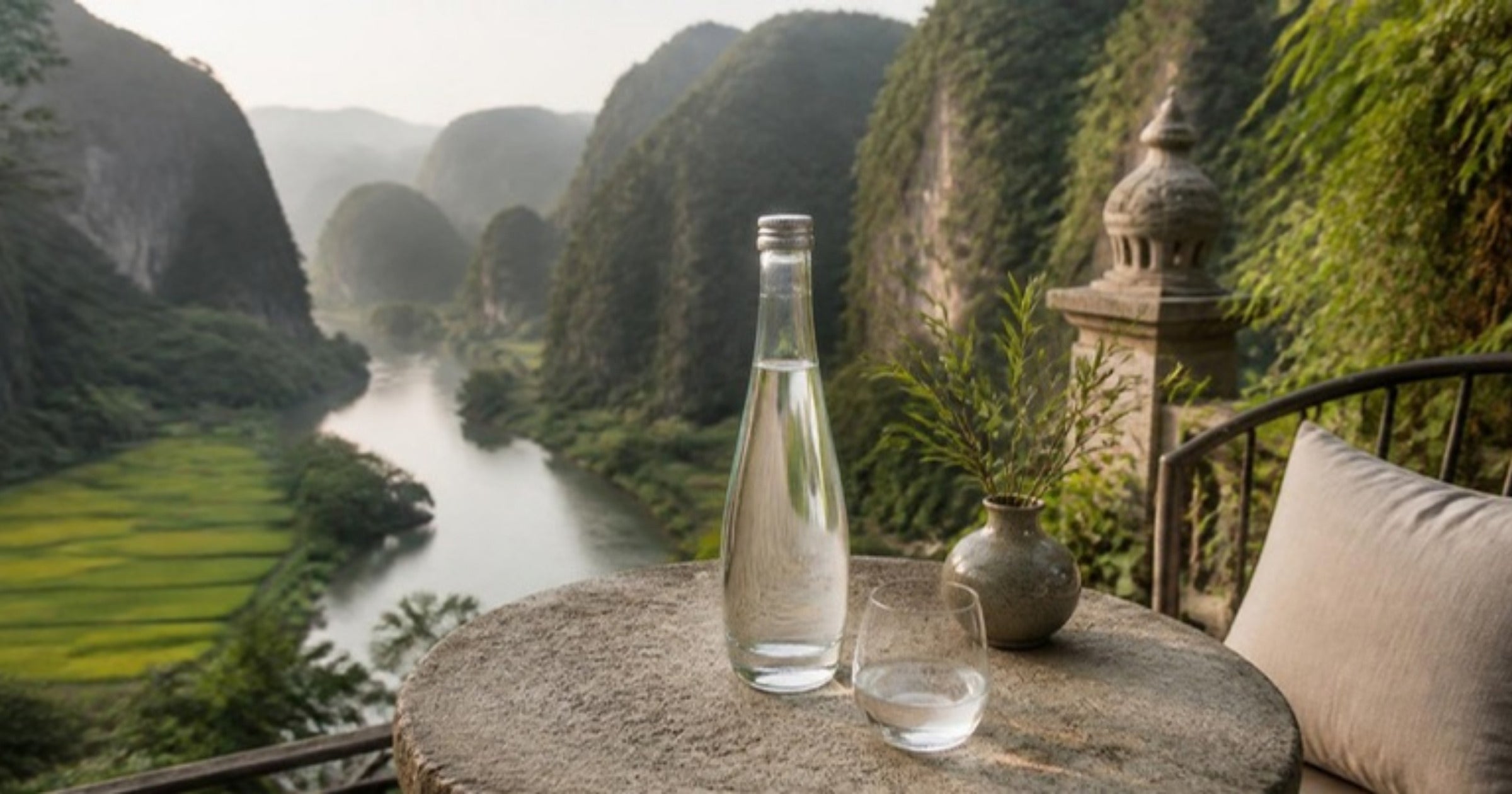 Resort Ninh Bình Tràng An với chai nước thủy tinh Yên Tử Montane