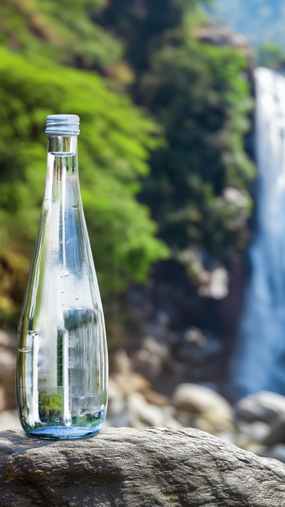 Clear bottle of water on a rock with a waterfall and greenery in the background